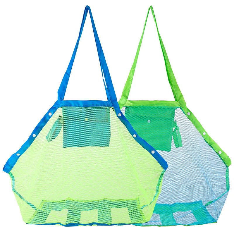 A bright lime green mesh beach and storage bag with blue trim, featuring two handles.