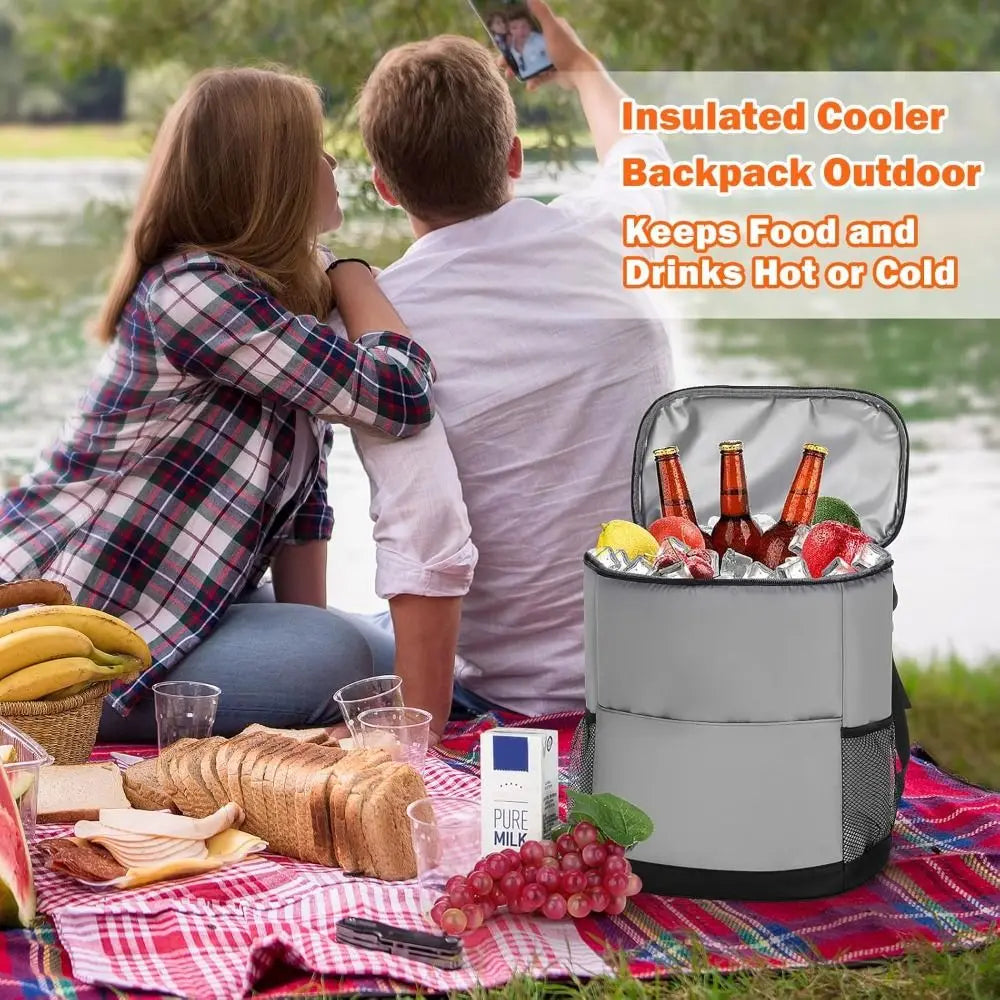 A woman and a boy are using an insulated cooler backpack outdoors to keep food and drinks hot or cold.