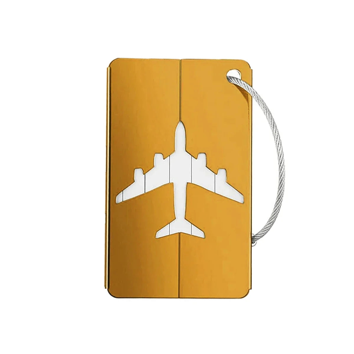 A gold aluminum luggage tag with a white airplane silhouette and a silver cord.