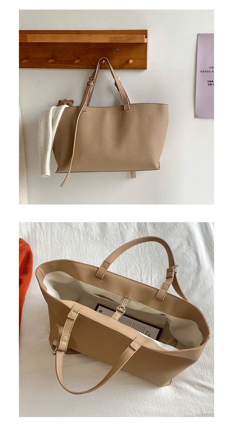 Un sac cabas en cuir PU beige décontracté est exposé contre un mur blanc.