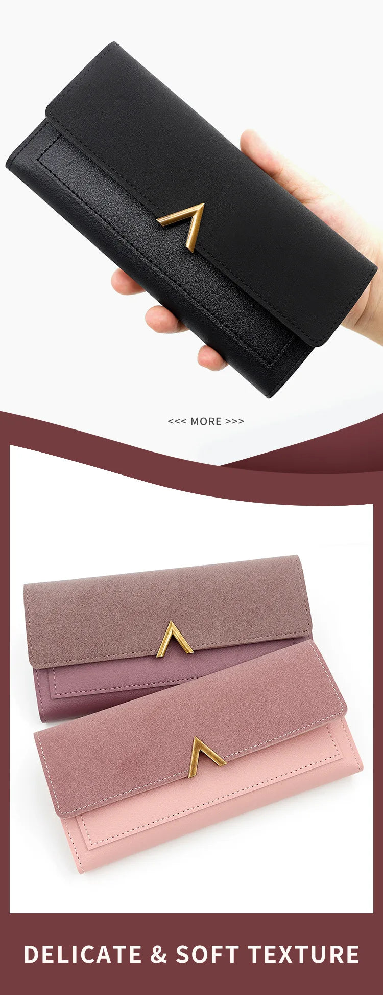 A hand holds a black tri-fold PU card holder wallet with a gold accent and a pink version.