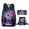 A black backpack featuring illustrations of anime characters in vibrant outfits and a purple neon text reading HUNTRIX