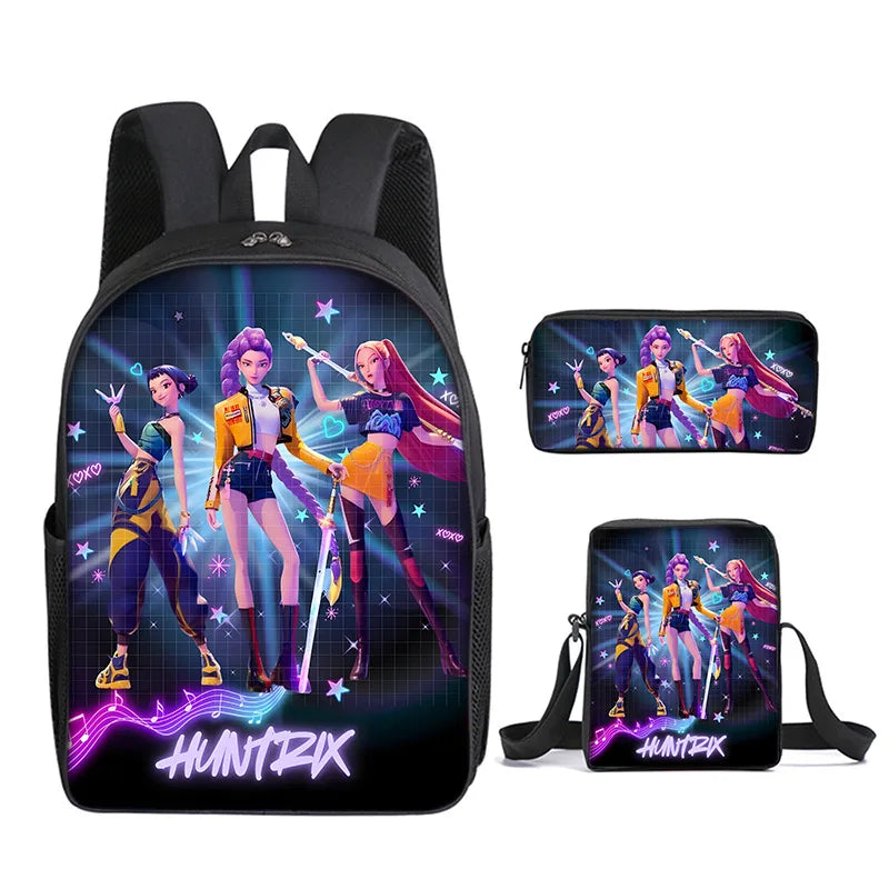 A black backpack featuring illustrations of anime characters in vibrant outfits and a purple neon text reading HUNTRIX