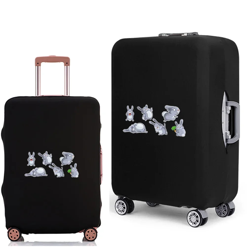 Black elastic luggage cover with a silver cartoon animal print featuring various cute creatures.