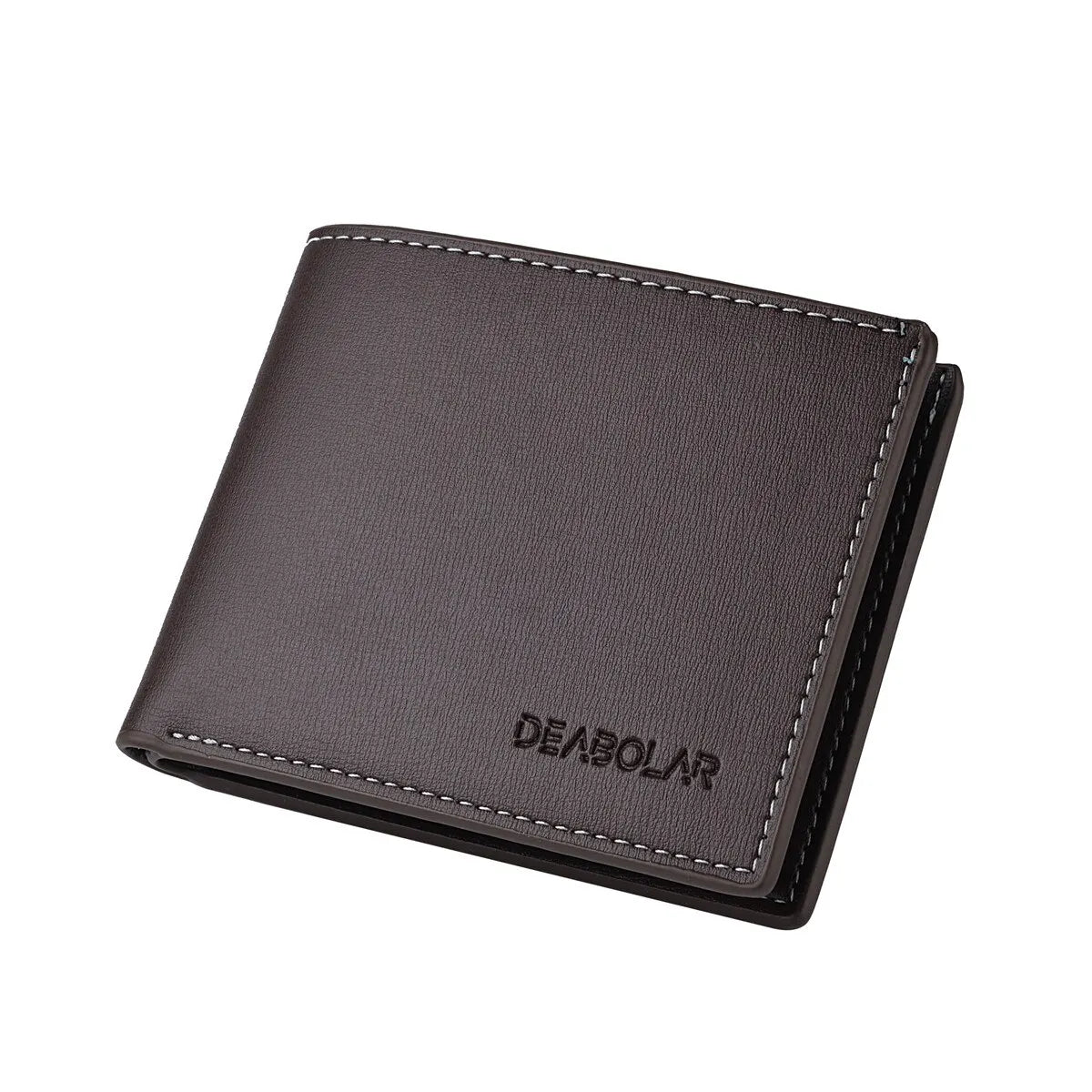 A dark gray men's PU leather folding wallet with black stitching.