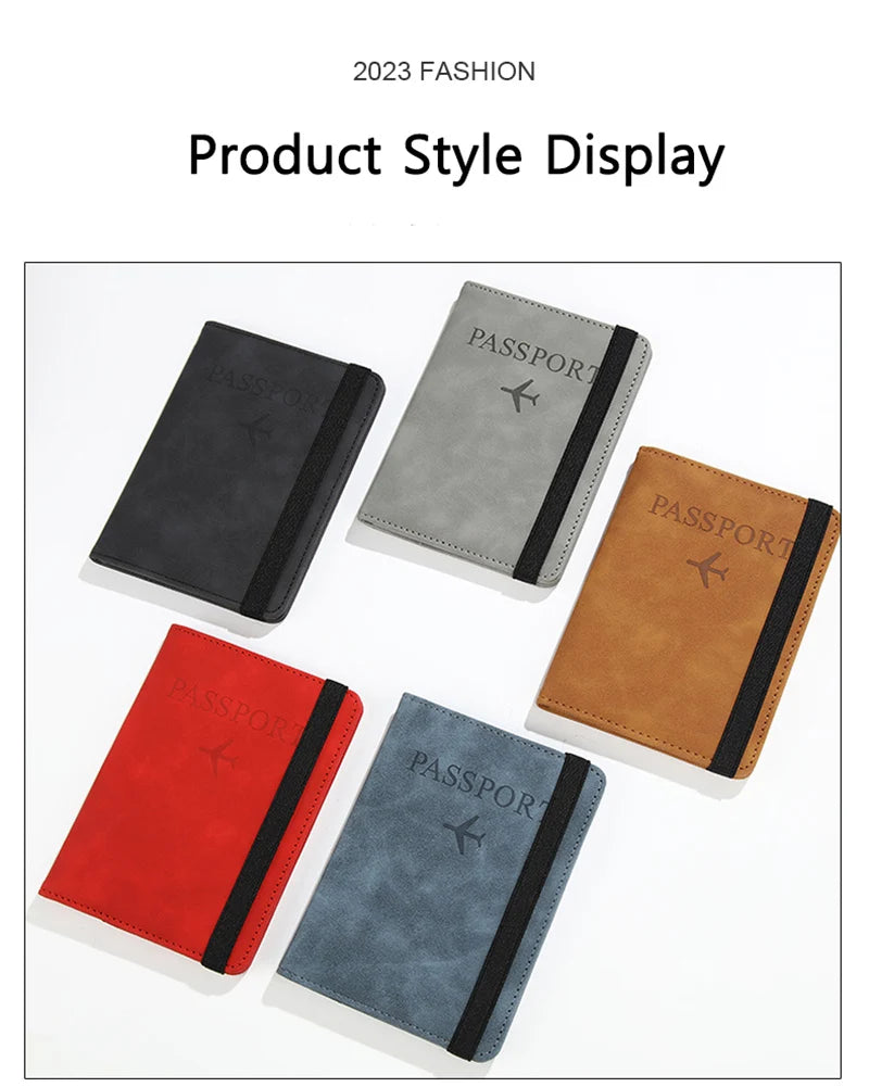 A display of various passport organizers in black, gray, brown, and red leather.