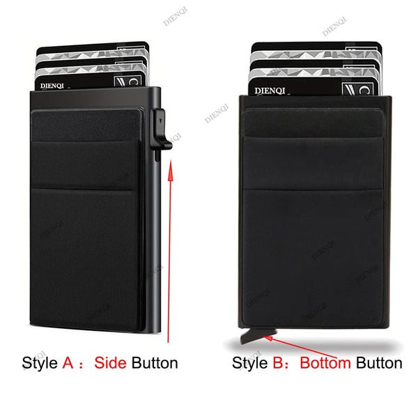 Deux styles de porte-cartes en métal noir avec boutons latéraux et inférieurs pour un portefeuille de luxe