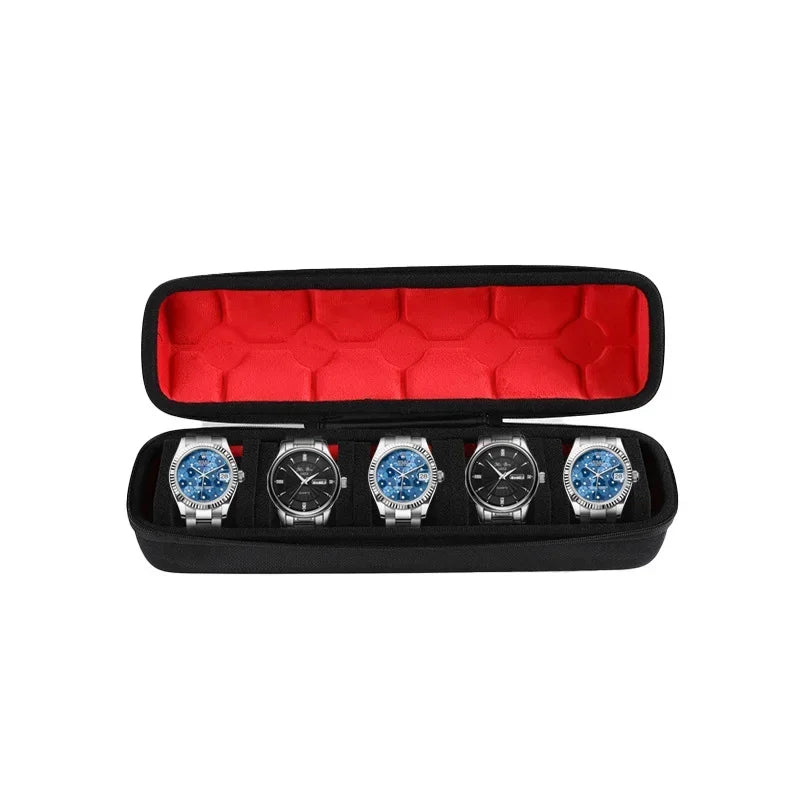 Black watch organizer case with a red velvet lining and six slots for travel watches