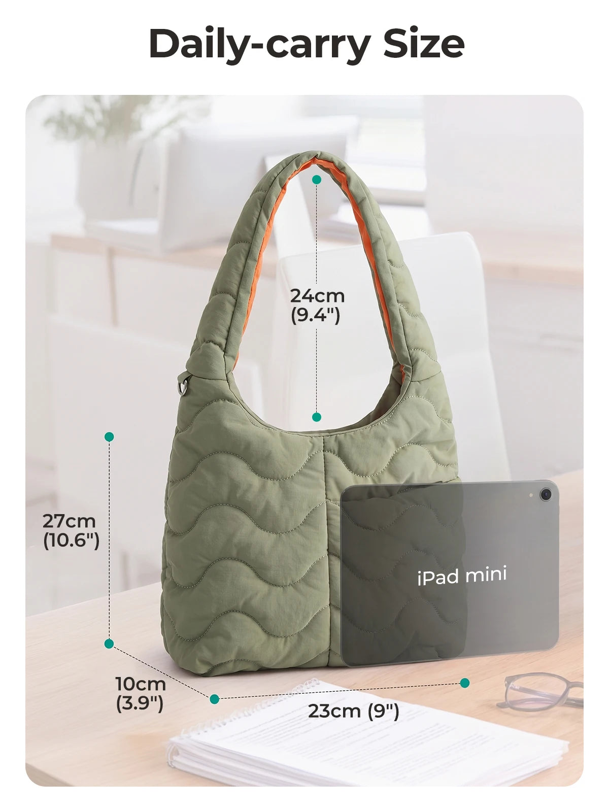 Daily-carry size of a quilted green nylon shoulder bag shown next to an iPad mini and some papers.