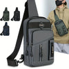 A gray adjustable crossbody sling bag shown with multiple color options and worn by a person.