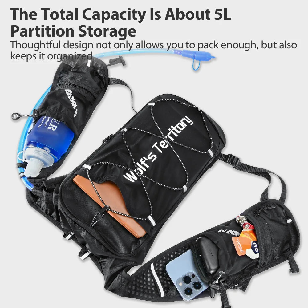 Black hydration running vest with a blue tube and storage pockets for carrying water and gear