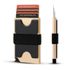 A beige metal pop-up card wallet with a black strap and multiple cards visible.