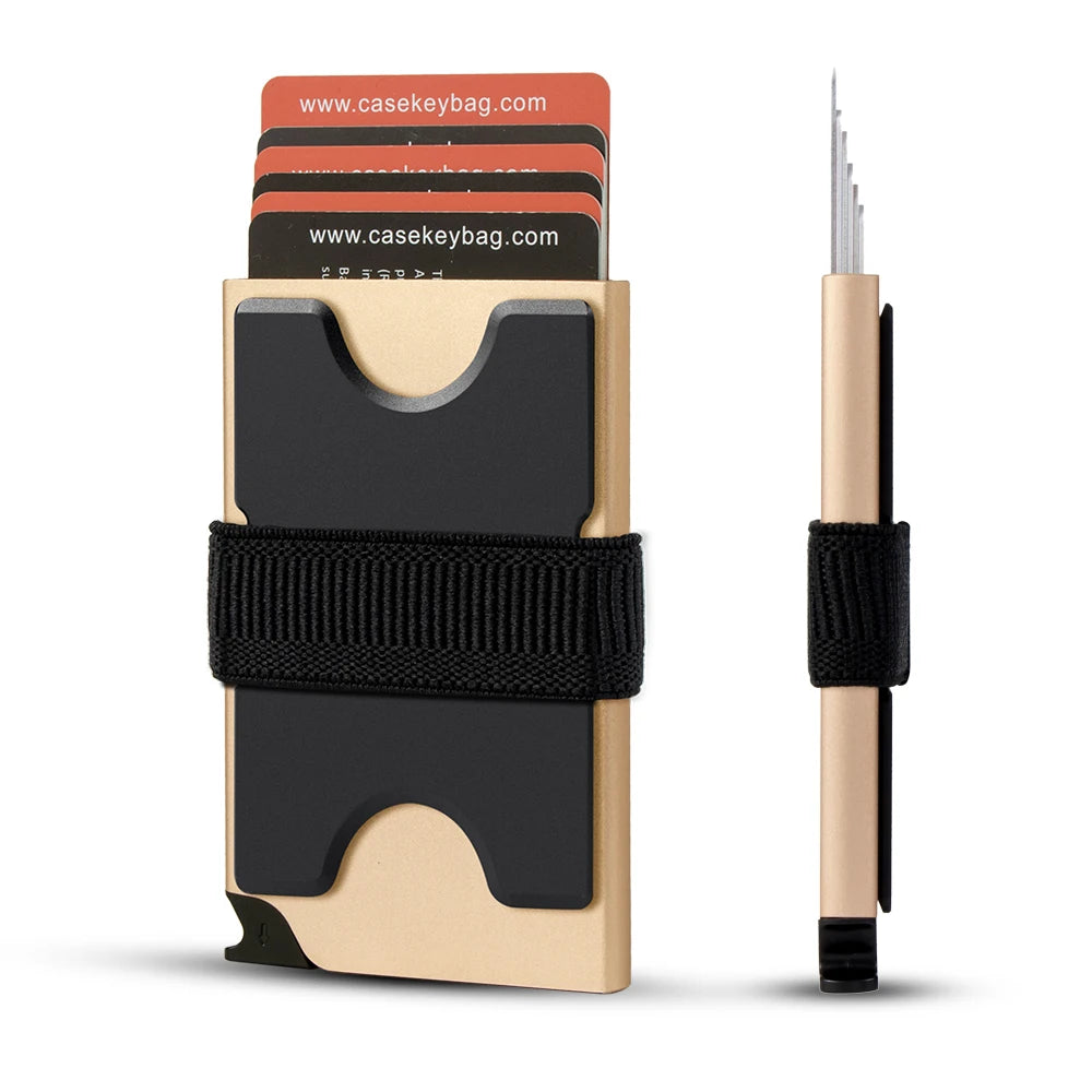 A beige metal pop-up card wallet with a black strap and multiple cards visible.