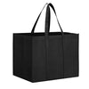 A black reusable foldable grocery tote bag with handles shown from the front.