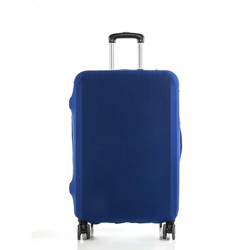 A navy blue stretch fabric luggage protector cover for a rolling suitcase.