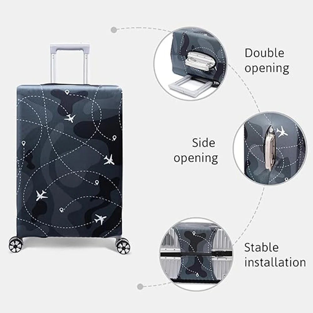 A dark gray stretch fabric luggage protection cover shown with features like double opening, side opening, and stable install