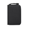 Black RFID zipper wallet with a loop closure.