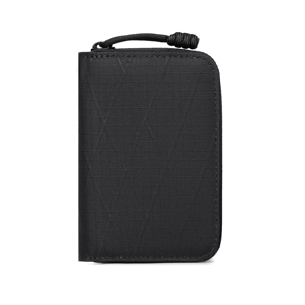 Black RFID zipper wallet with a loop closure.