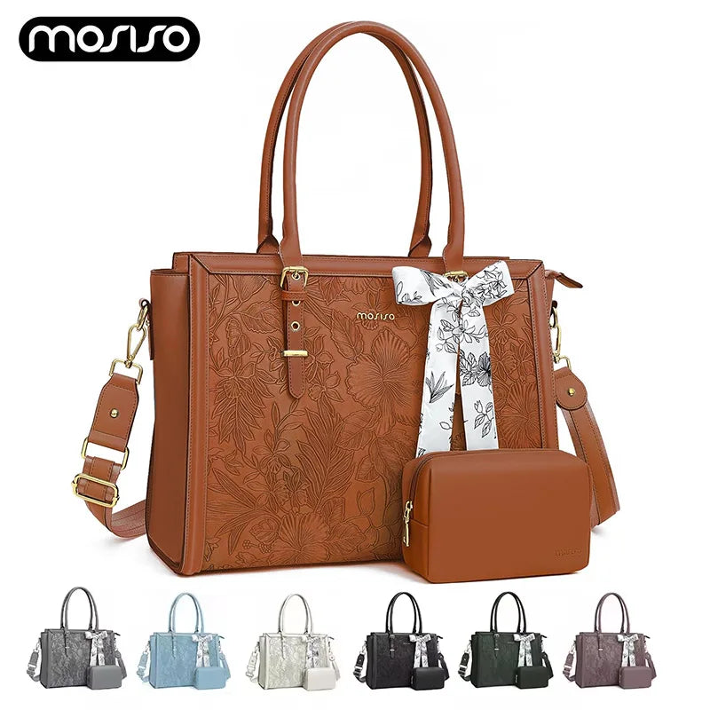 A brown PU leather laptop tote bag with a bow detail and several small clutch bags shown in various shades.
