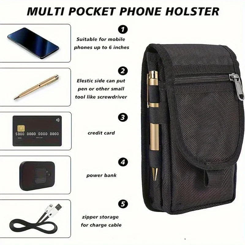 A black multi pocket phone holster featuring slots for pens, screwdrivers, credit cards, power banks, and a zipper storage fo