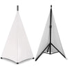 A white flexible speaker stand cover with a black pole and fabric, shown in a triangular shape.