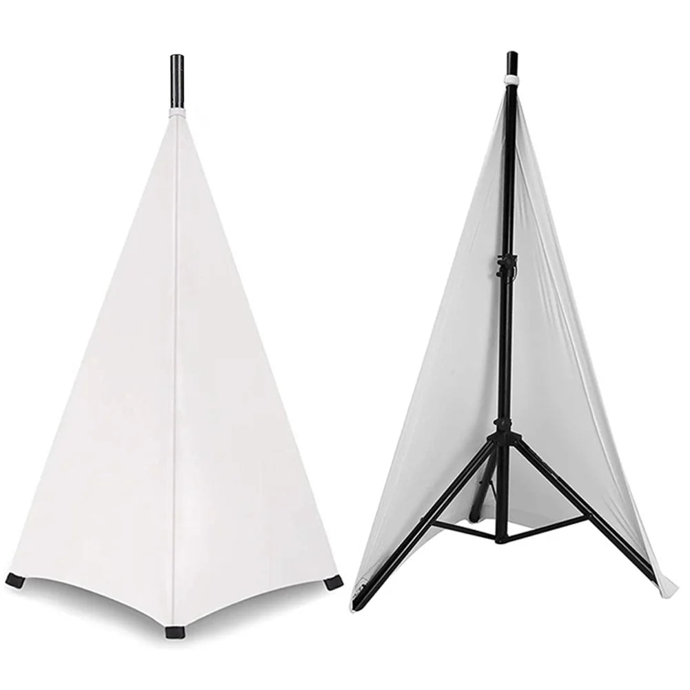 A white flexible speaker stand cover with a black pole and fabric, shown in a triangular shape.