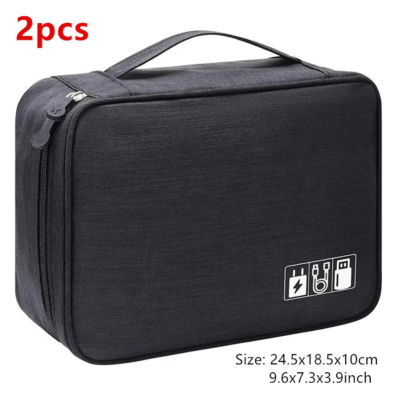 A black portable digital organizer storage pouch with a handle and zipper, measuring 24.5x18.5x10 cm.