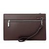 A dark brown men's PU leather clutch bag with a silver zipper and strap.