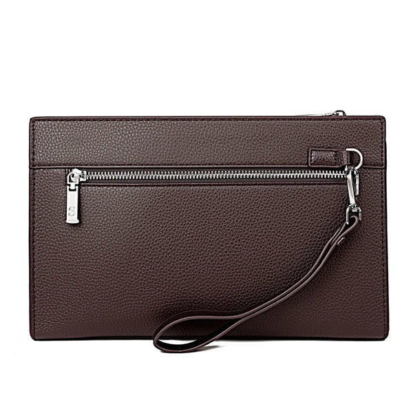 A dark brown men's PU leather clutch bag with a silver zipper and strap.