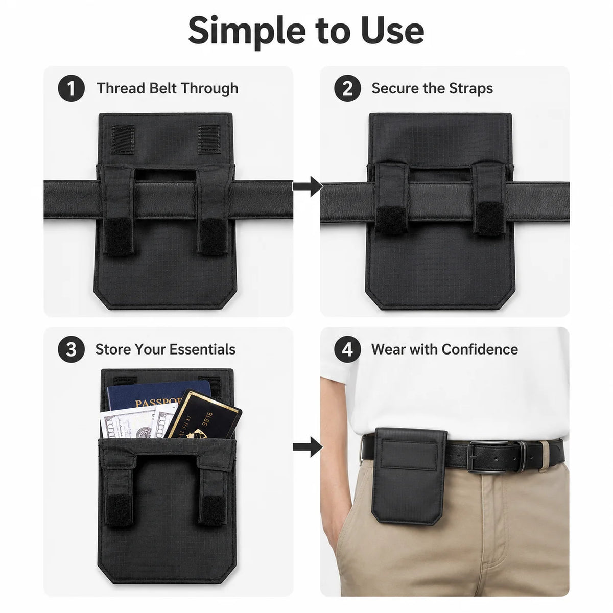 Instructions show how to use a slim anti-theft belt wallet with hook and loop closure for securing essentials.