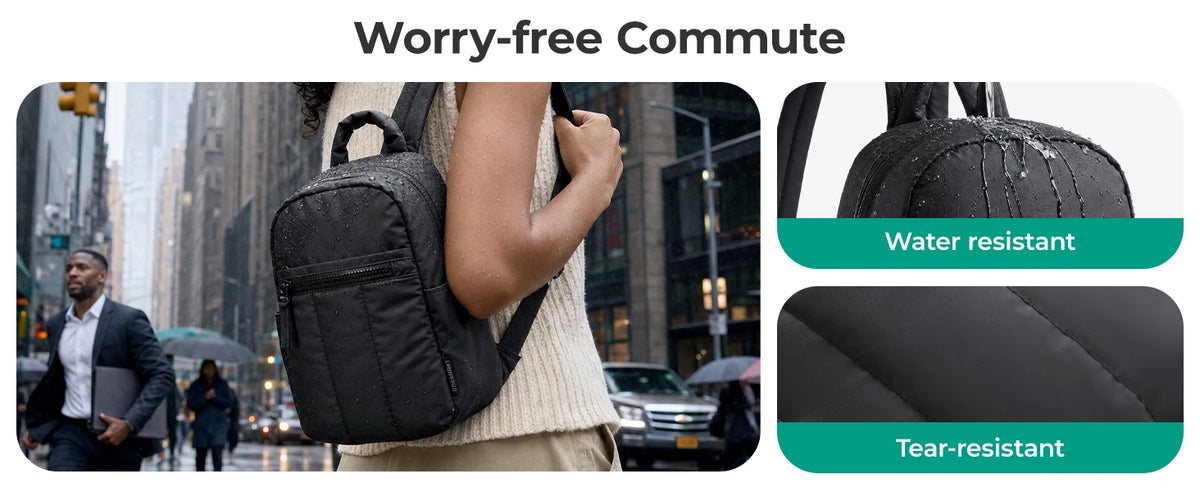A person carrying a black laptop backpack in an urban setting, highlighting its water and tear resistance features.