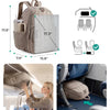A beige collapsible laptop backpack shown with various dimensions and usage examples for travel.