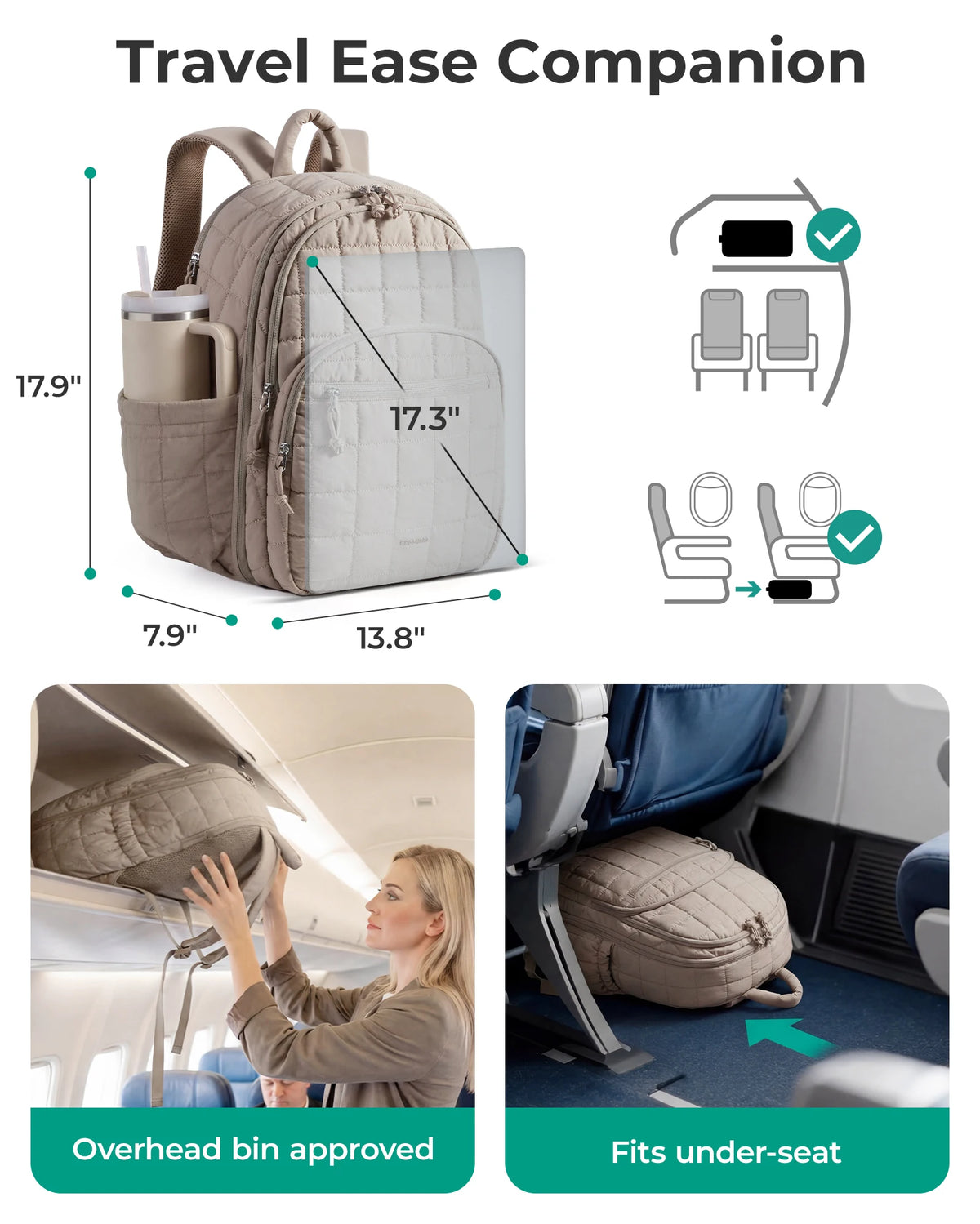 A beige collapsible laptop backpack shown with various dimensions and usage examples for travel.