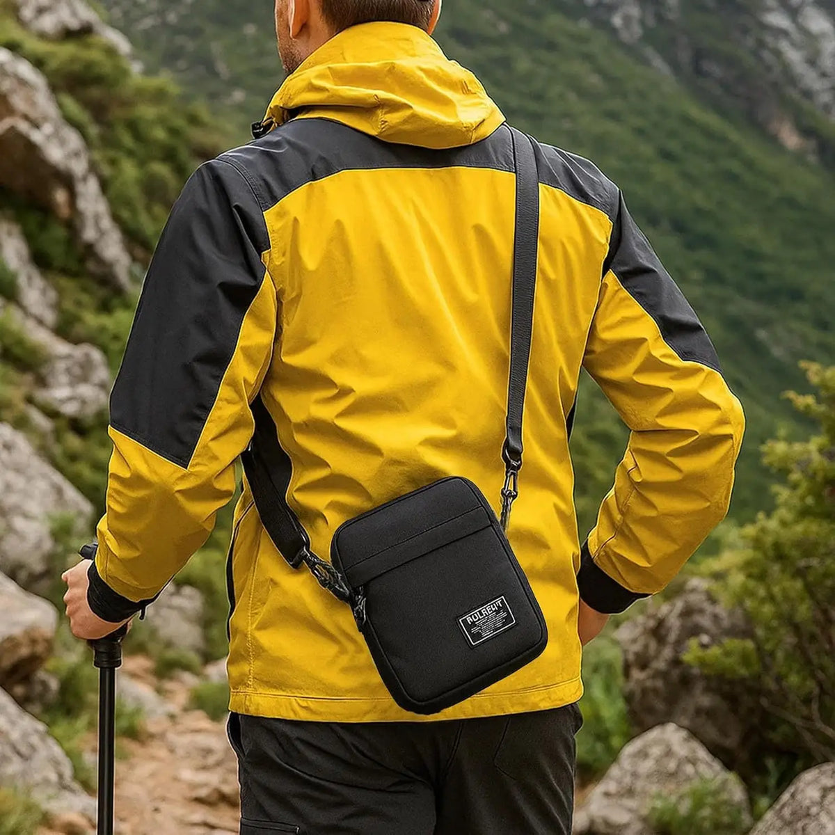 A man wearing a yellow and black jacket with a black sling bag on his back, hiking in a mountainous outdoor setting.