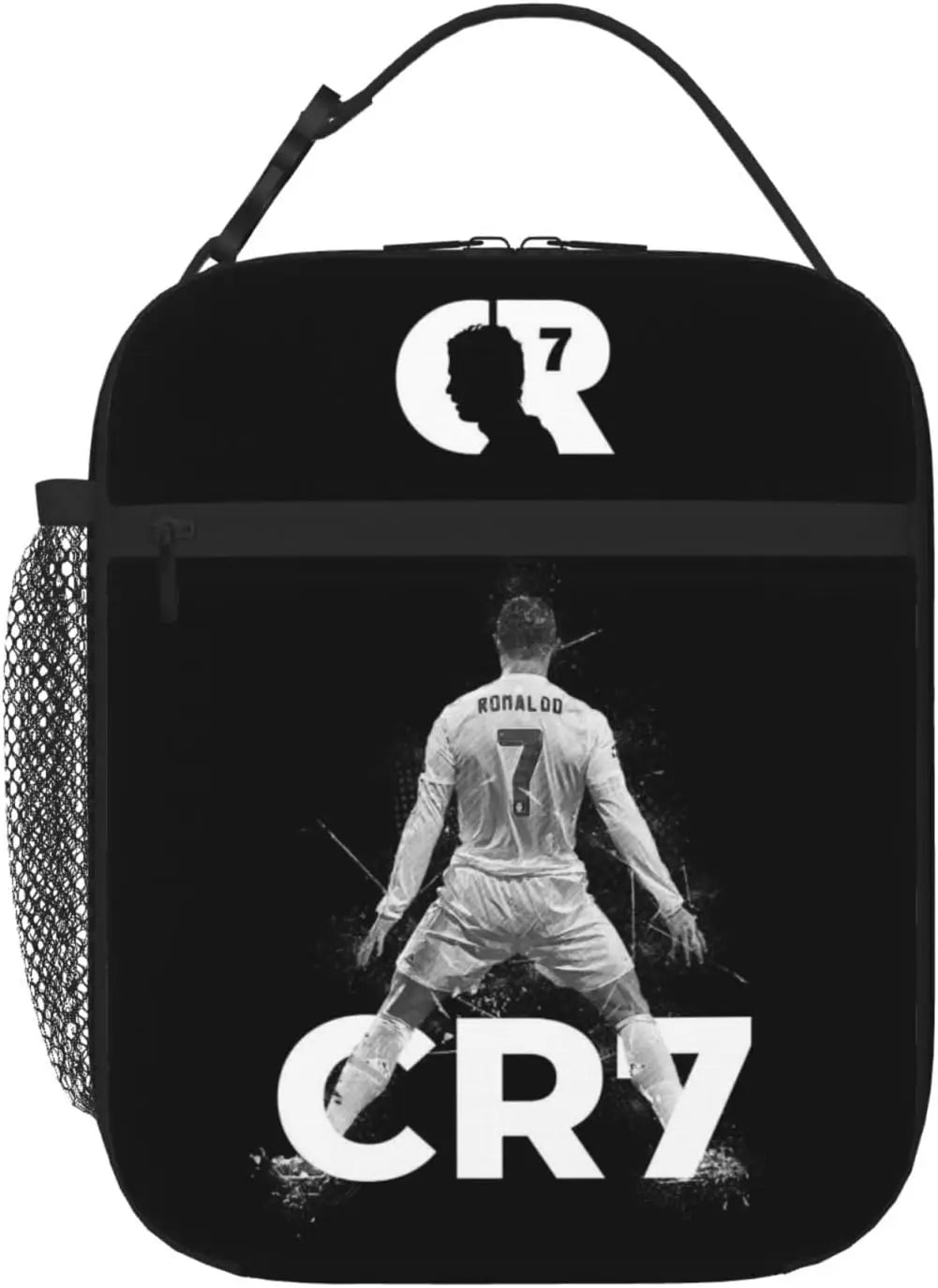 Schwarze wiederverwendbare Oxford-Lunchtasche mit Grafik der Zahl 7 und dem Namen Cristiano Ronaldo.