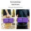 Purple dual-handle organizer bag being carried by a person outdoors.