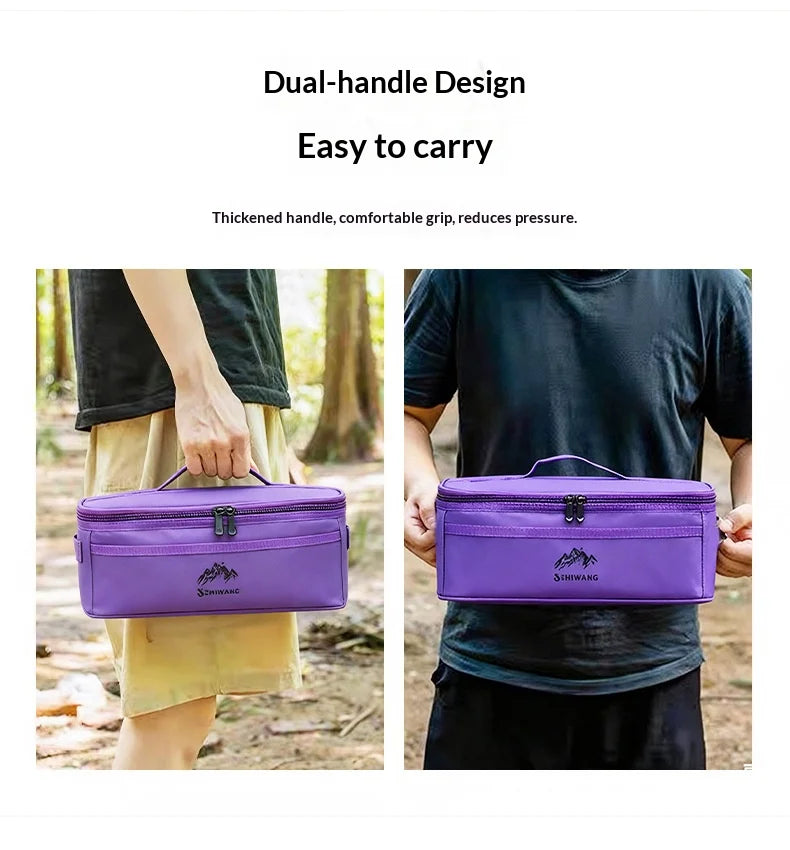 Purple dual-handle organizer bag being carried by a person outdoors.