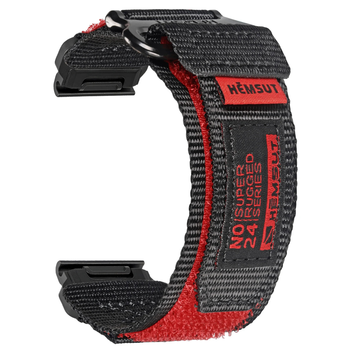A black nylon sport strap for a watch featuring red stitching and a buckle.