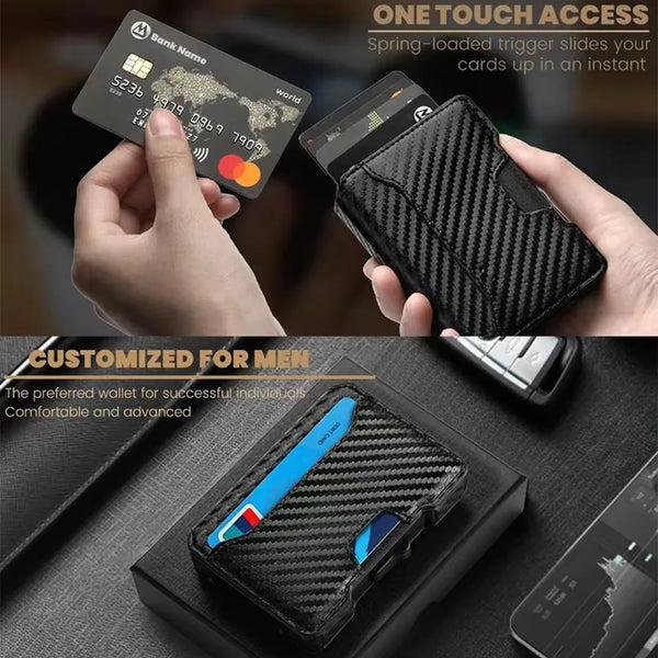 A black minimalist slim men's card wallet with a textured finish is shown being used for one-touch access.