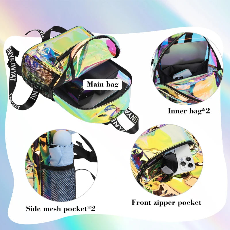 A clear PVC backpack featuring a main bag, inner bags, and side mesh pockets.