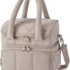 A beige quilted insulated lunch bag with carrying handles and zippered compartments.