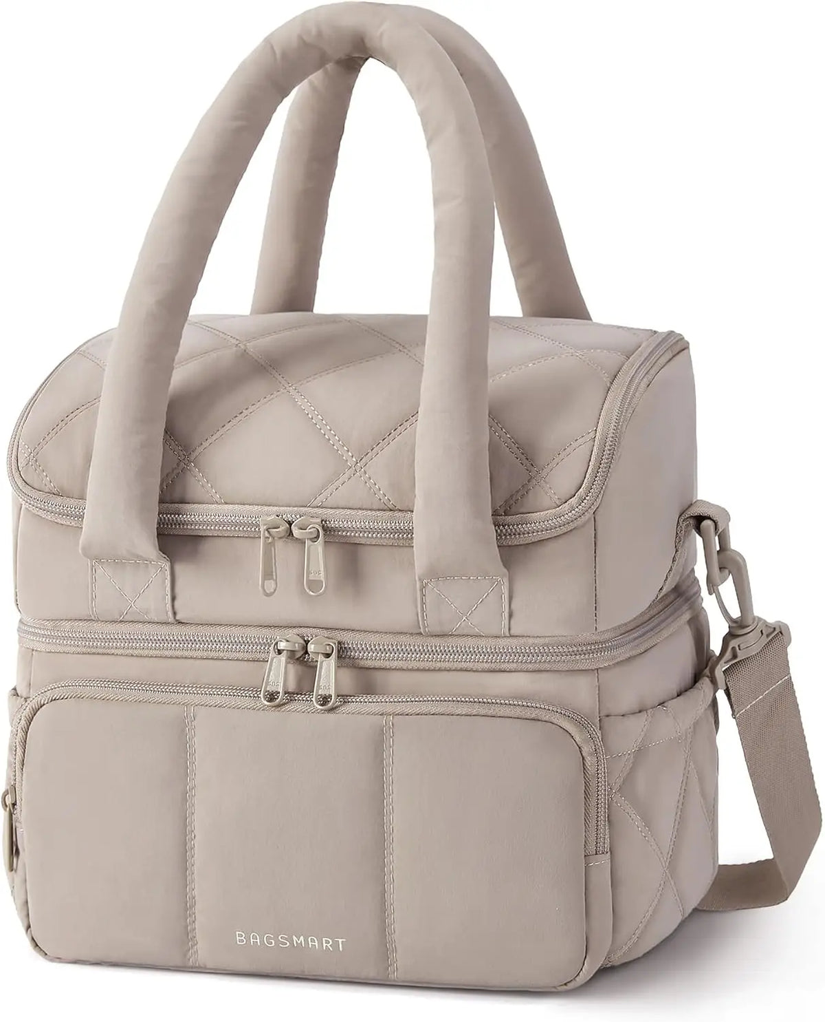 A beige quilted insulated lunch bag with carrying handles and zippered compartments.