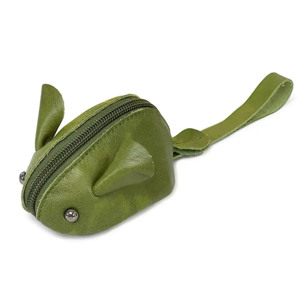 Portefeuille en cuir de souris de dessin animé vintage vert olive.