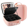 A pink LED lighted makeup train case with adjustable dividers and a clear mirror.