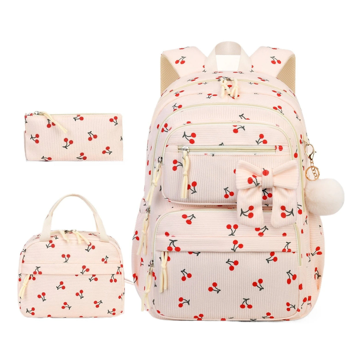 Rosa Corduroy Schulranzen-Set für Mädchen mit Hauptrucksack und separatem Beutel.