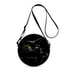 Black cartoon cat round crossbody bag with a long strap
