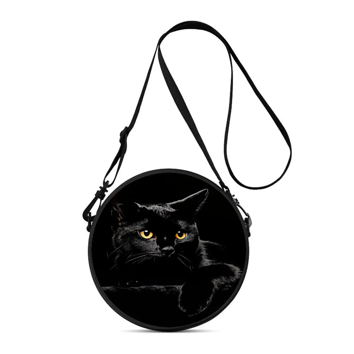 Black cartoon cat round crossbody bag with a long strap