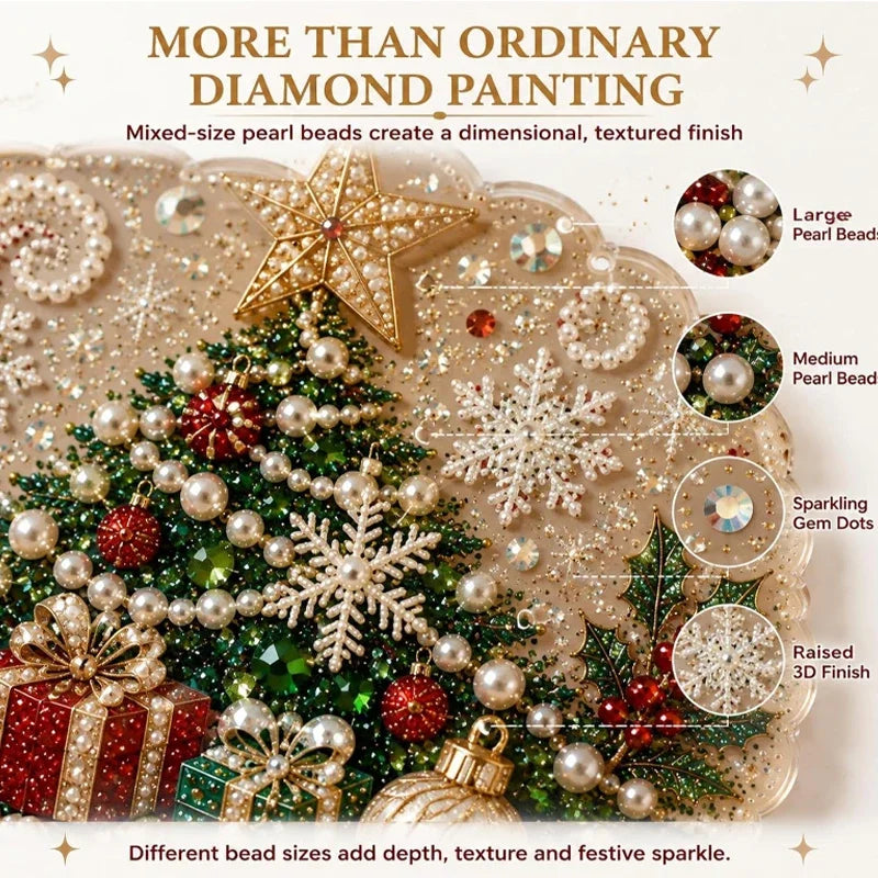 Diamond painting featuring a Christmas tree decorated with pearl beads and gold accents.