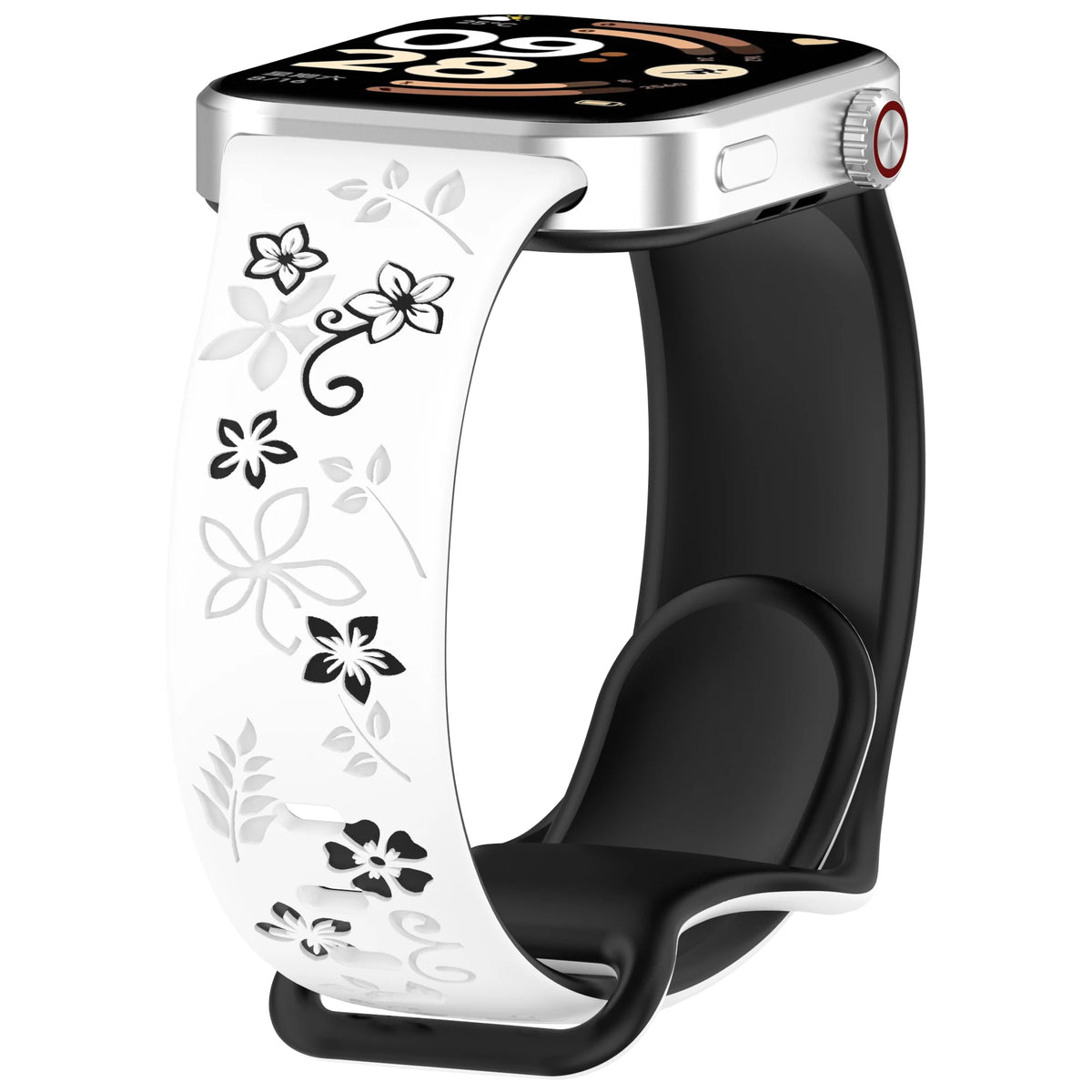 Una correa de silicona blanca con diseños florales negros mostrada en un reloj inteligente.