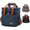 A navy blue insulated double-deck lunch bag with brown straps and a separate black pouch shown in various views.